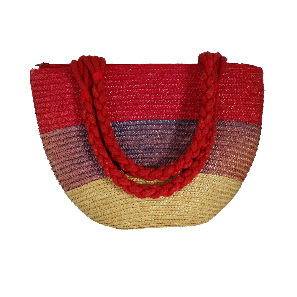 Vintage Pink Purple Striped raffia Woven Handles zipper close purse handbag